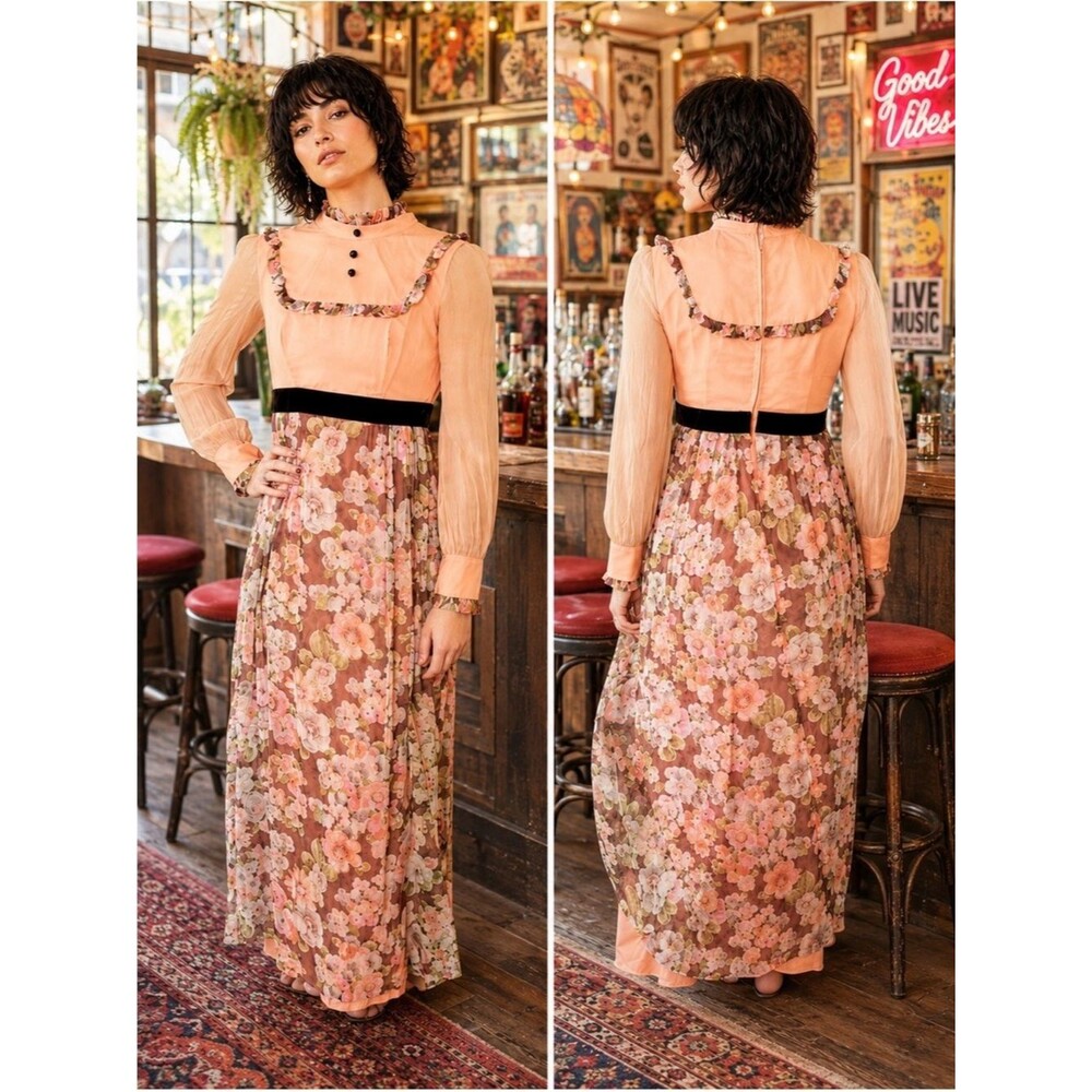 Vintage 70s Hippie Prairie Floral Cottage Long Sleeve High Neck Dress XS/S